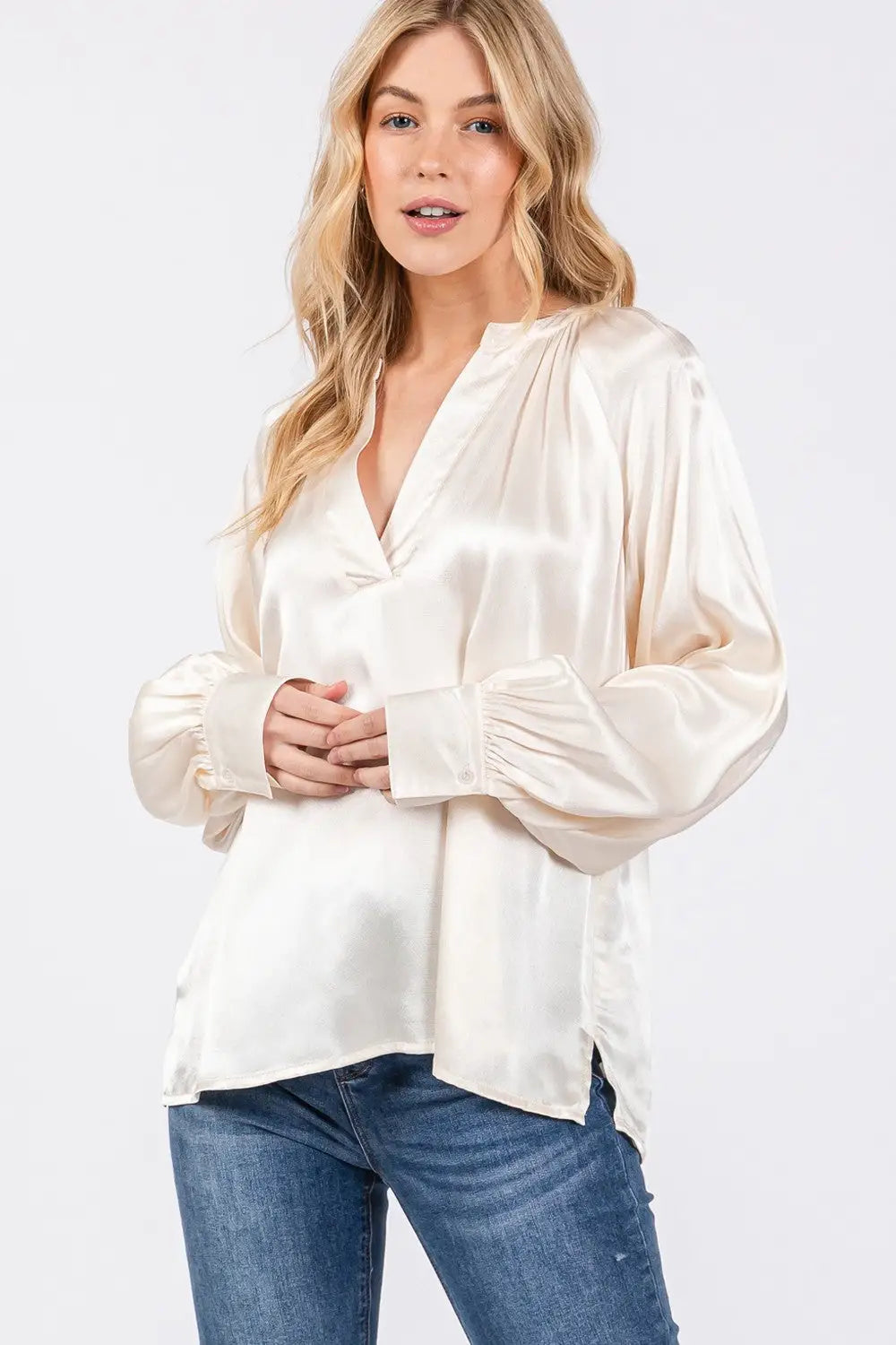 Women’s cream satin blouse with long cuffed sleeves and V-neck, SAGE + FIG Notched Blouse
