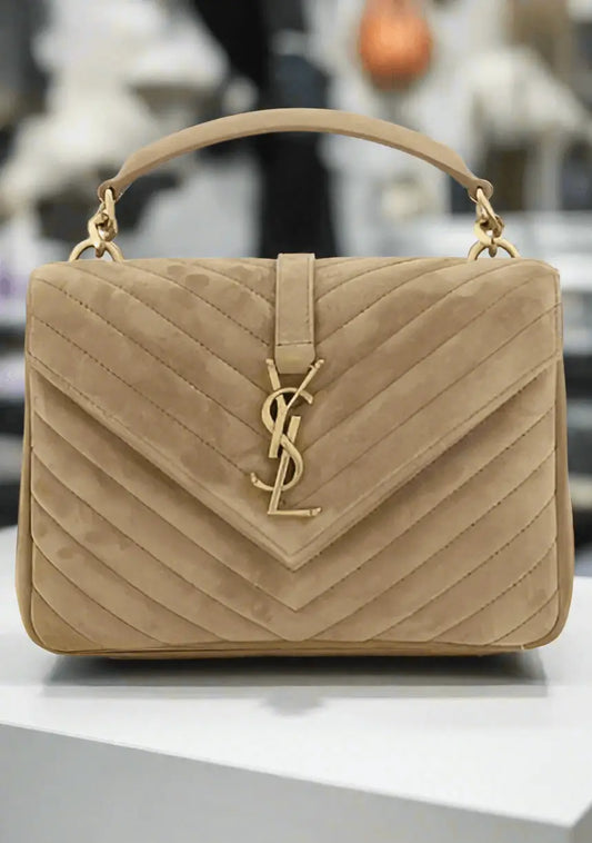 Saint Laurent brown college handbag with tan suede, chevron quilting, and gold YSL logo