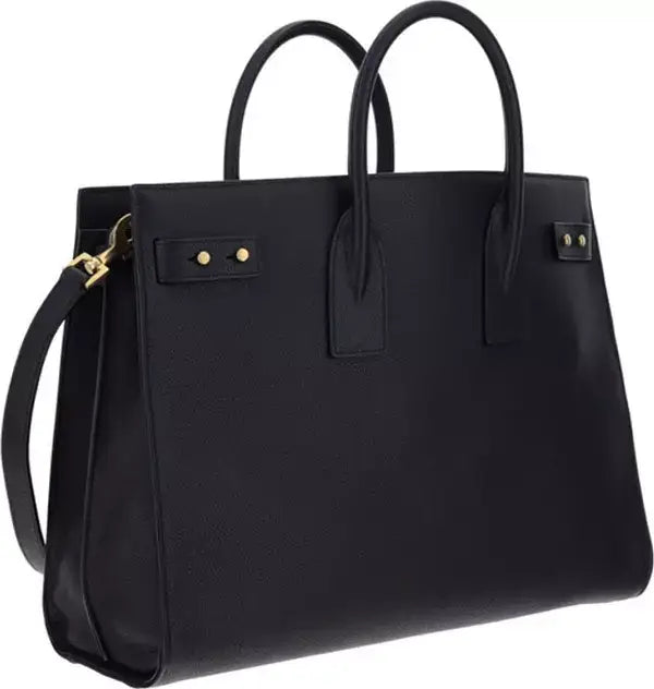 Black leather Saint Laurent Sac De Jour bag with top handles and side compression straps
