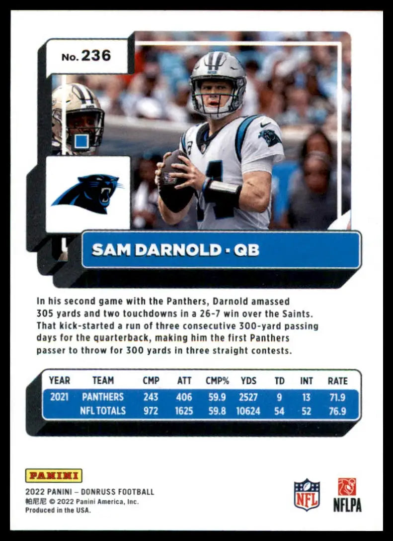 Sam Darnold football card from 2022 Donruss series featuring Carolina Panthers player