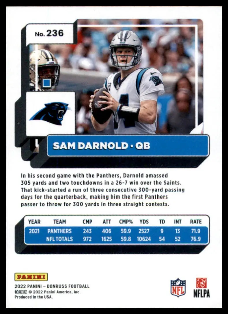 Sam Darnold football card from 2022 Donruss series featuring Carolina Panthers player