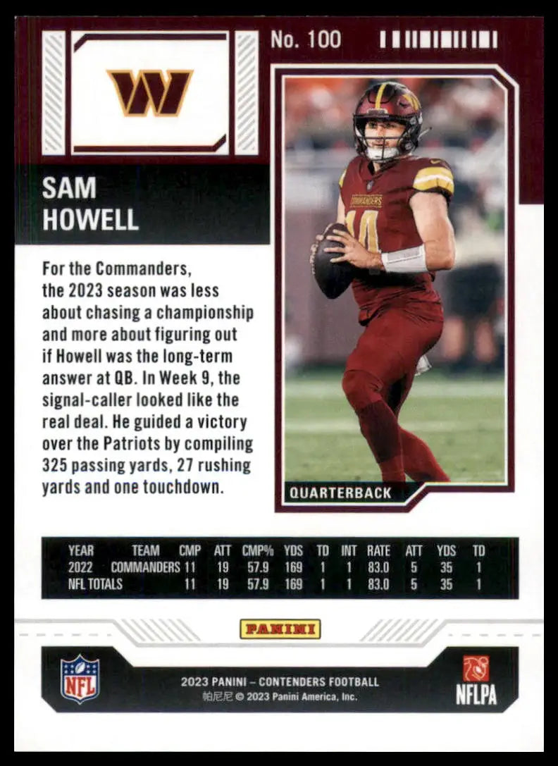 Collectible Sam Howell football card from Panini Contenders 2023 Washington Commanders