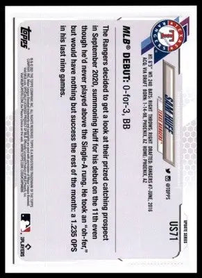 Baseball card back featuring Sam Huff from 2021 Topps Update US71 Texas Rangers