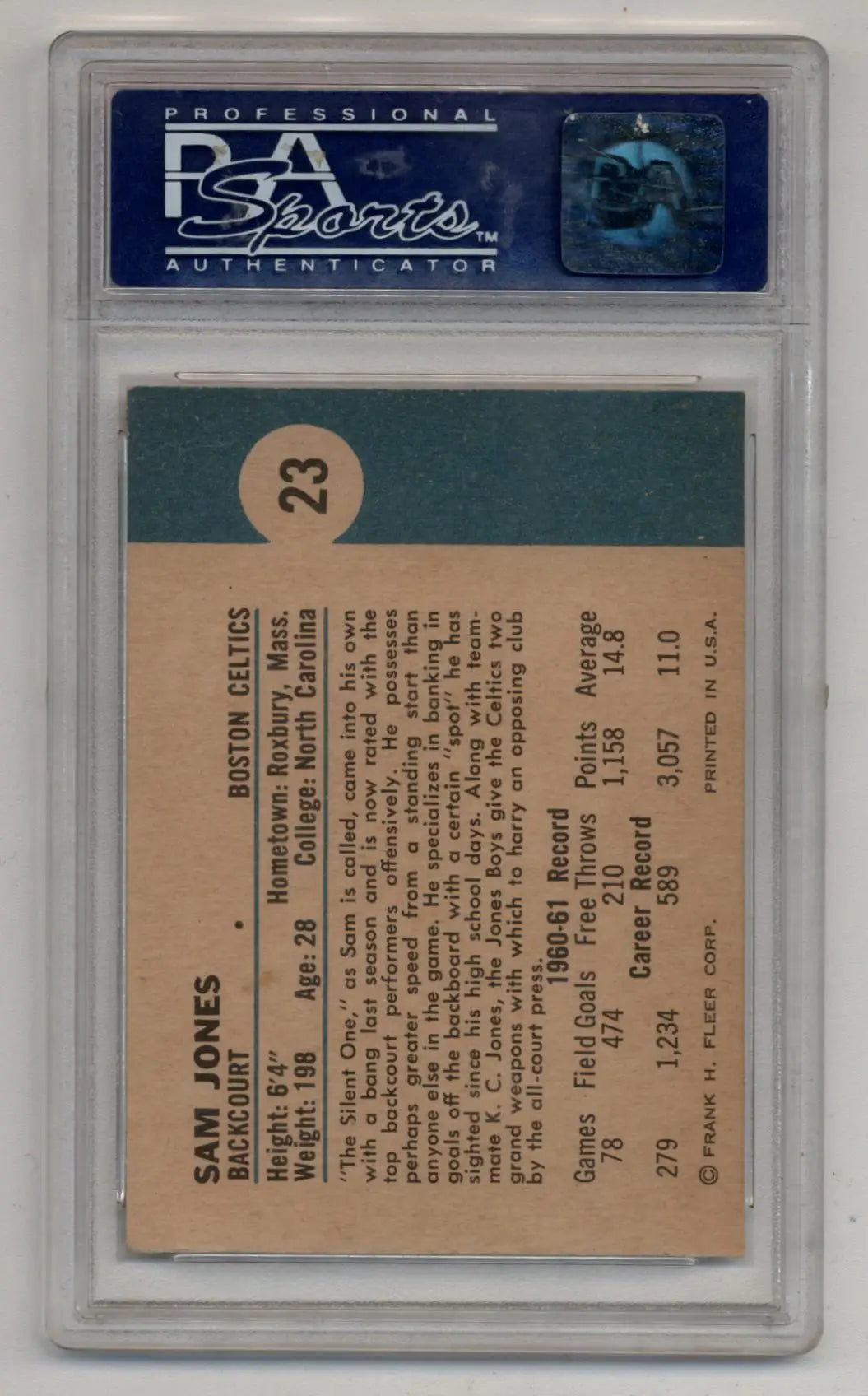 PSA-graded Sam Jones 1961-62 Fleer #23 baseball card back with player stats and text