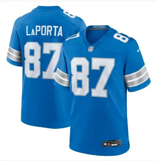 Blue American football jersey with white numbers and stripes, featuring Sam LaPorta Detroit Lions branding