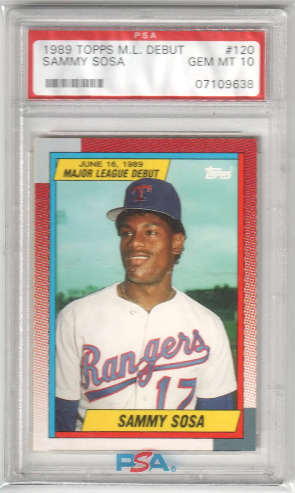 Graded 1989 Topps Sammy Sosa baseball card GEM MINT PSA 10 Columbia Hobby