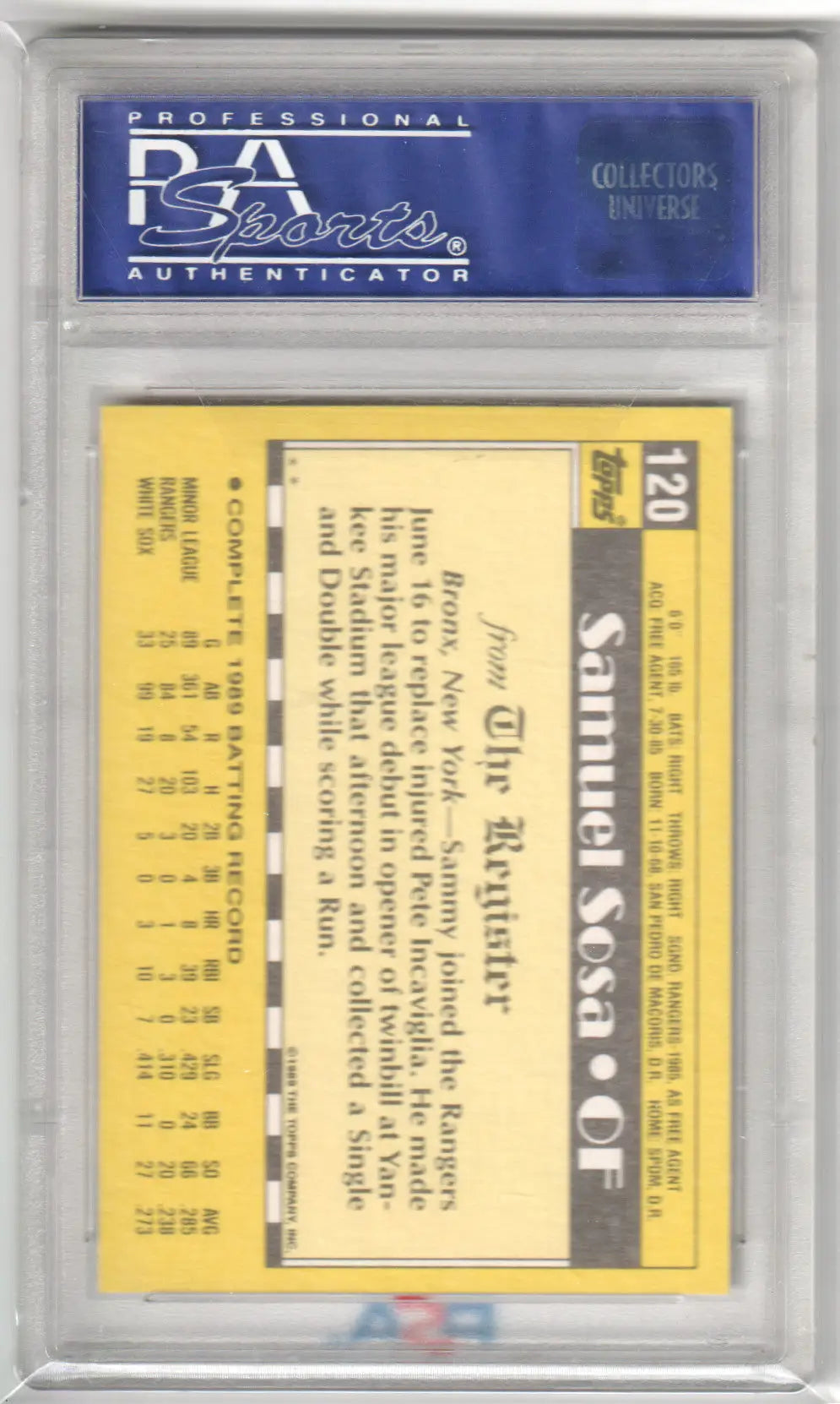 Graded Sammy Sosa 1990 Topps rookie card PSA 10 gem mint from Columbia Hobby