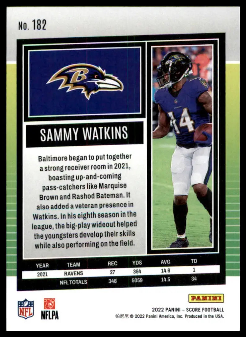 Football card of Sammy Watkins from the 2022 Score Baltimore Ravens series