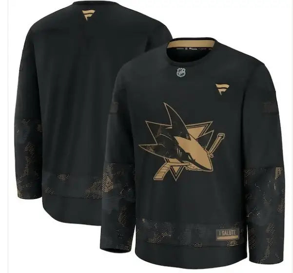 Black and gold San Jose Sharks 2024 Military Appreciation Practice Jersey displayed