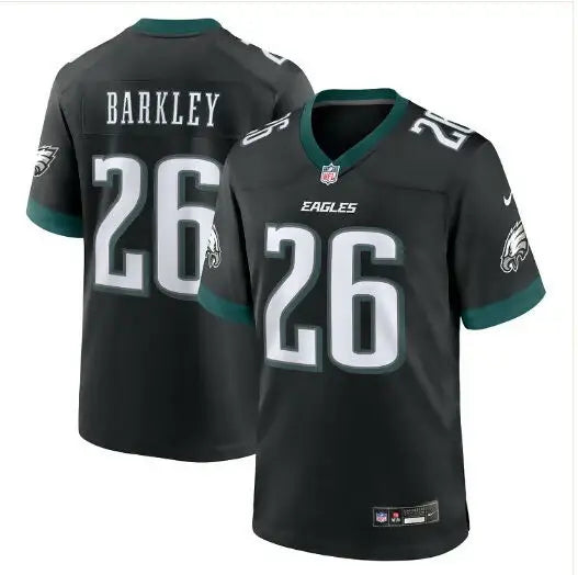 Black Philadelphia Eagles Saquon Barkley jersey with 26 on front and back, Nike logo