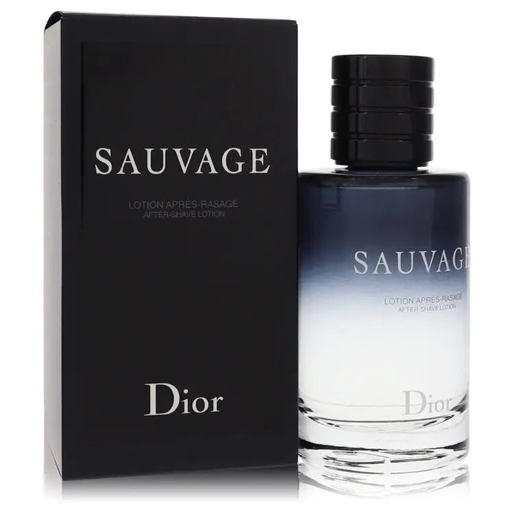 Dior Sauvage aftershave lotion in dark glass bottle with matching black box