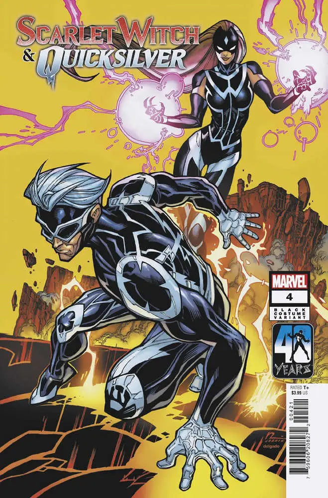 Comic book cover of Scarlet Witch and Quicksilver in dynamic black costumes