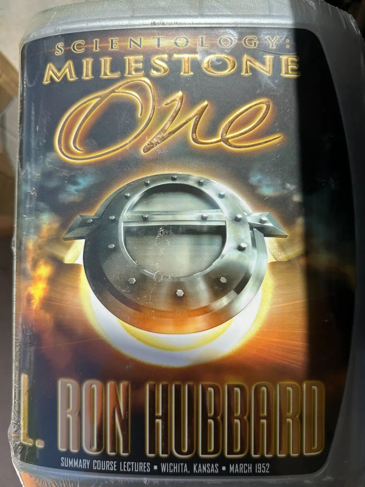 Book titled Scientology Milestone One by L Ron Hubbard displayed in Wichita Kansas March 1952