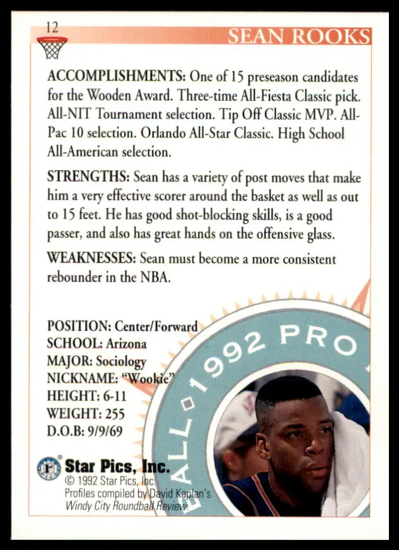 Sean Rooks basketball card from Star Pics series featuring Sean Rooks and Arizona Wildcats