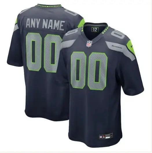 Dark blue and grey Seattle Seahawks Nike custom game jersey with neon green accents