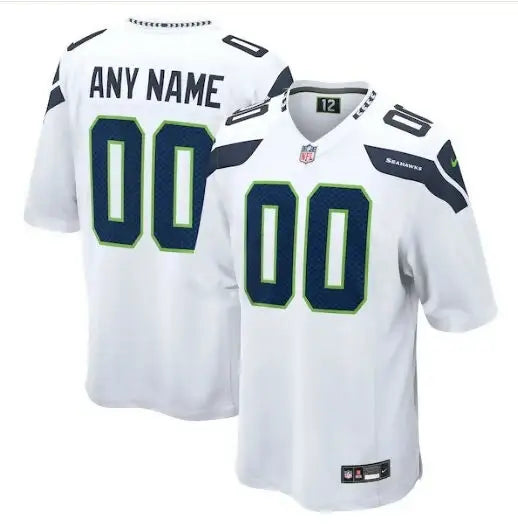 Seattle Seahawks Nike white football jersey with navy blue lime green accents and number 00