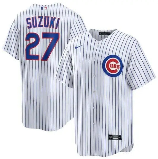White pinstripe Chicago Cubs Seiya Suzuki Nike Home Replica Baseball Jersey