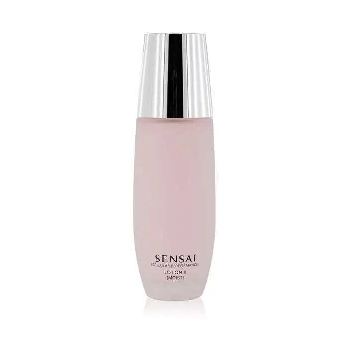 Pink frosted glass bottle of Sensai Cellular Performance Lotion II with silver cap