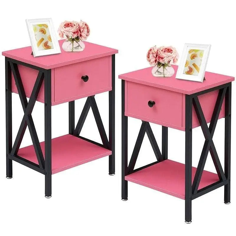Set of 2 - 1-Drawer Nightstand Bedside Table in Pink and Black - Nightstand