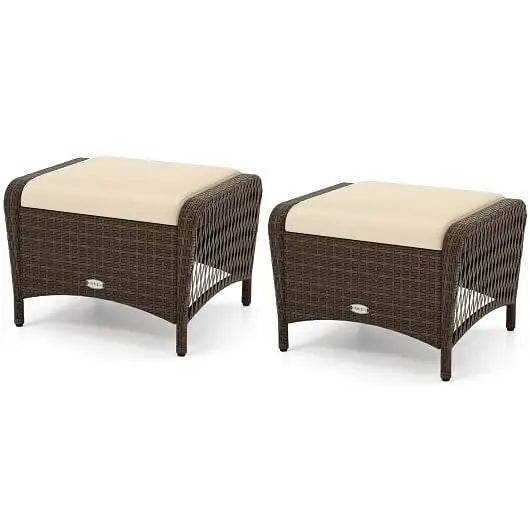 Set of 2 Outdoor Patio PE Wicker Ottomans with Removable Cushions-Beige - Color:Beige - Outdoor Seating & Patio Chairs