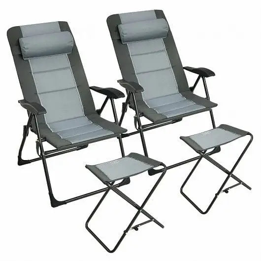 Set of 2 Patiojoy Patio Folding Dining Chair with Ottoman Set Recliner Adjustable-Gray - Color:Gray - Beach & Lawn