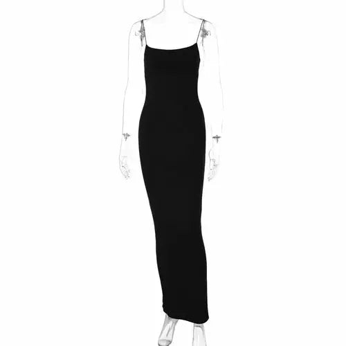 Black sexy spaghetti strap bodycon maxi dress on a mannequin for stylish evening wear