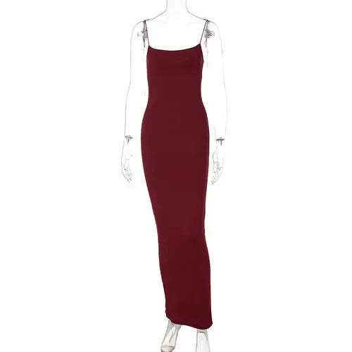 Sexy spaghetti strap bodycon maxi dress in burgundy perfect for stylish evenings