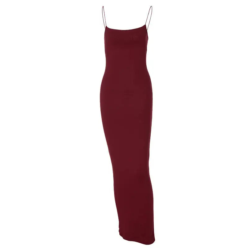 Sexy spaghetti strap bodycon maxi dress in dark red, perfect for stylish events