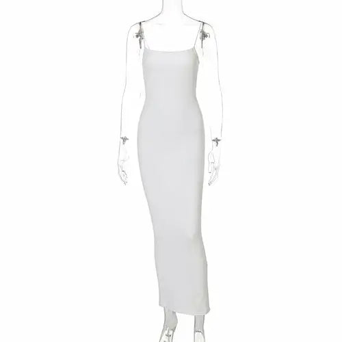 White square-neck sexy spaghetti strap bodycon maxi dress, perfect for business days