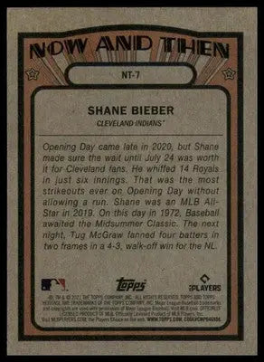 Back of Shane Bieber 2021 Topps Heritage baseball card showcasing player stats and design