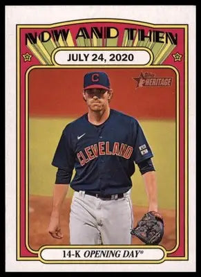 Baseball card of Shane Bieber from 2021 Topps Heritage Now and Then series