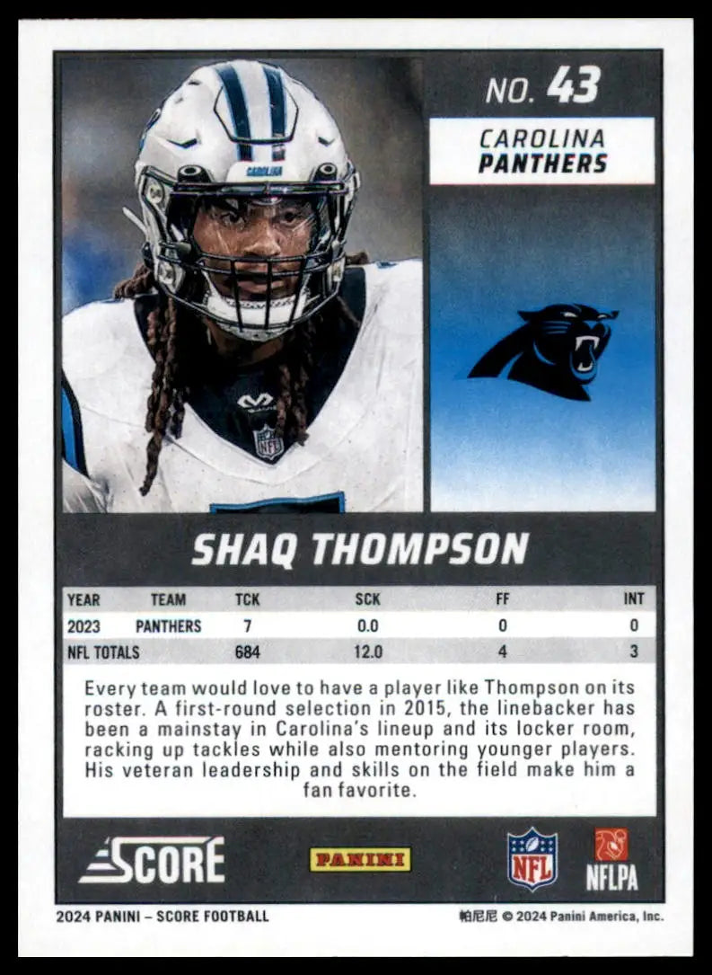 Football trading card featuring Shaq Thompson of the Carolina Panthers 2024 Score #43