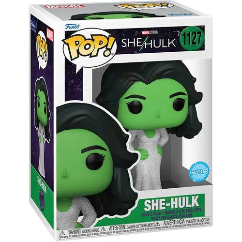 She-Hulk Funko Pop vinyl figure in silver dress, perfect for collectors of trading cards