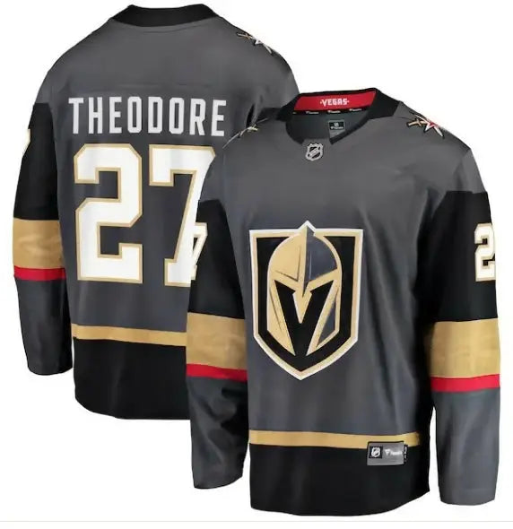 Shea Theodore Vegas Golden Knights alternate breakaway hockey jersey on display