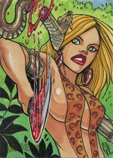 Stylized illustration of a blonde woman in leopard-print by Glen Fernandez on a sketch card
