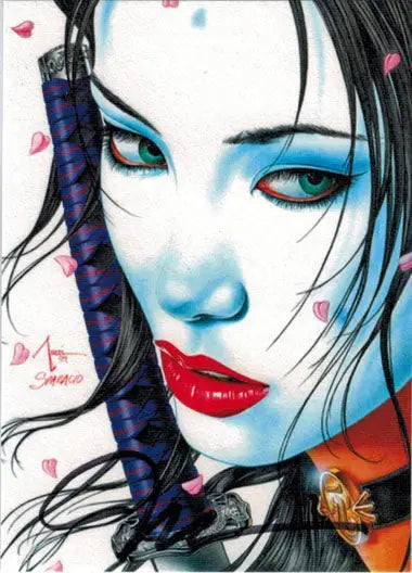 Stylized portrait of a woman with blue skin and red lips on Billy Tucci Autograph Card