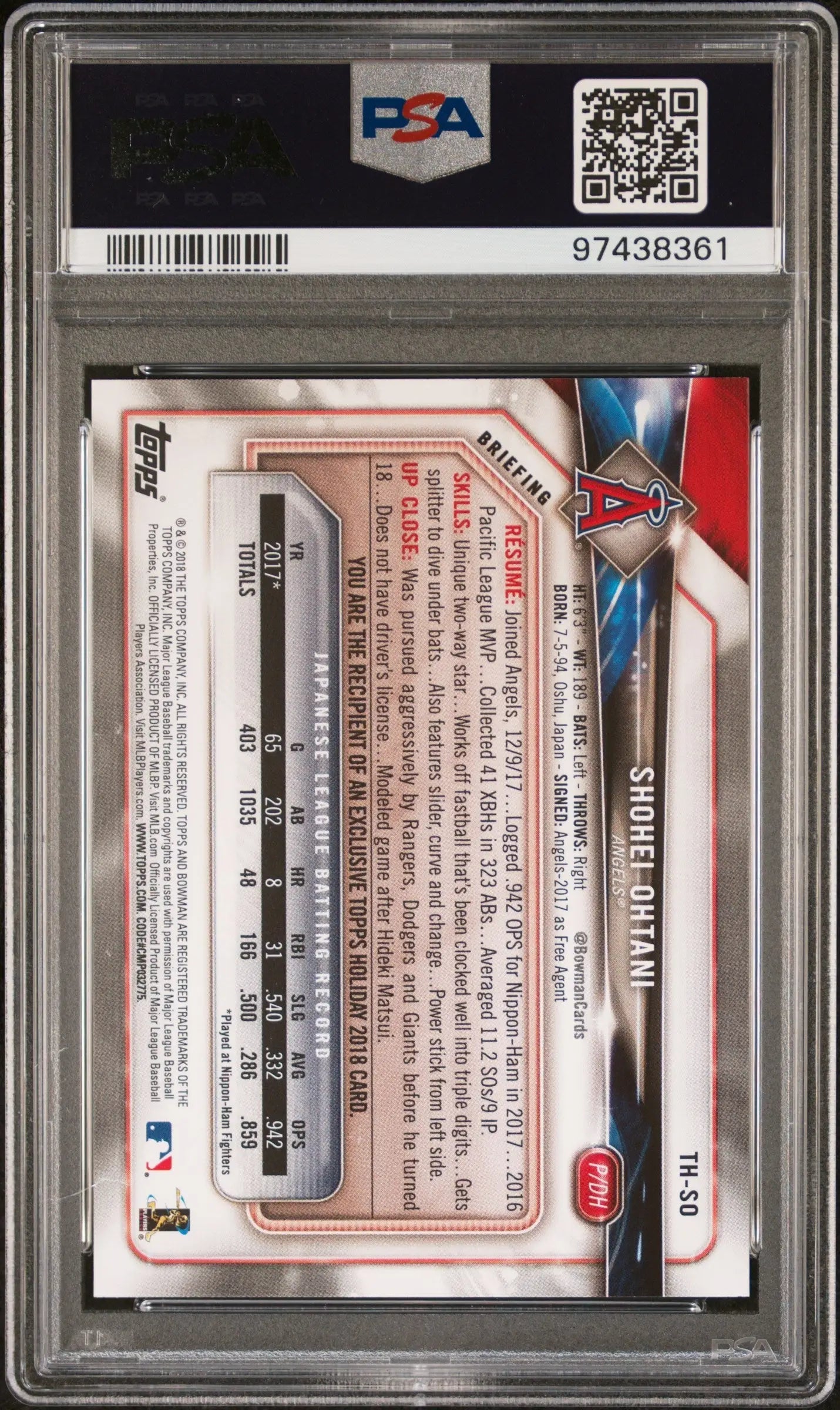 PSA-graded Shohei Ohtani 2018 Topps Bowman Holiday trading card in protective case