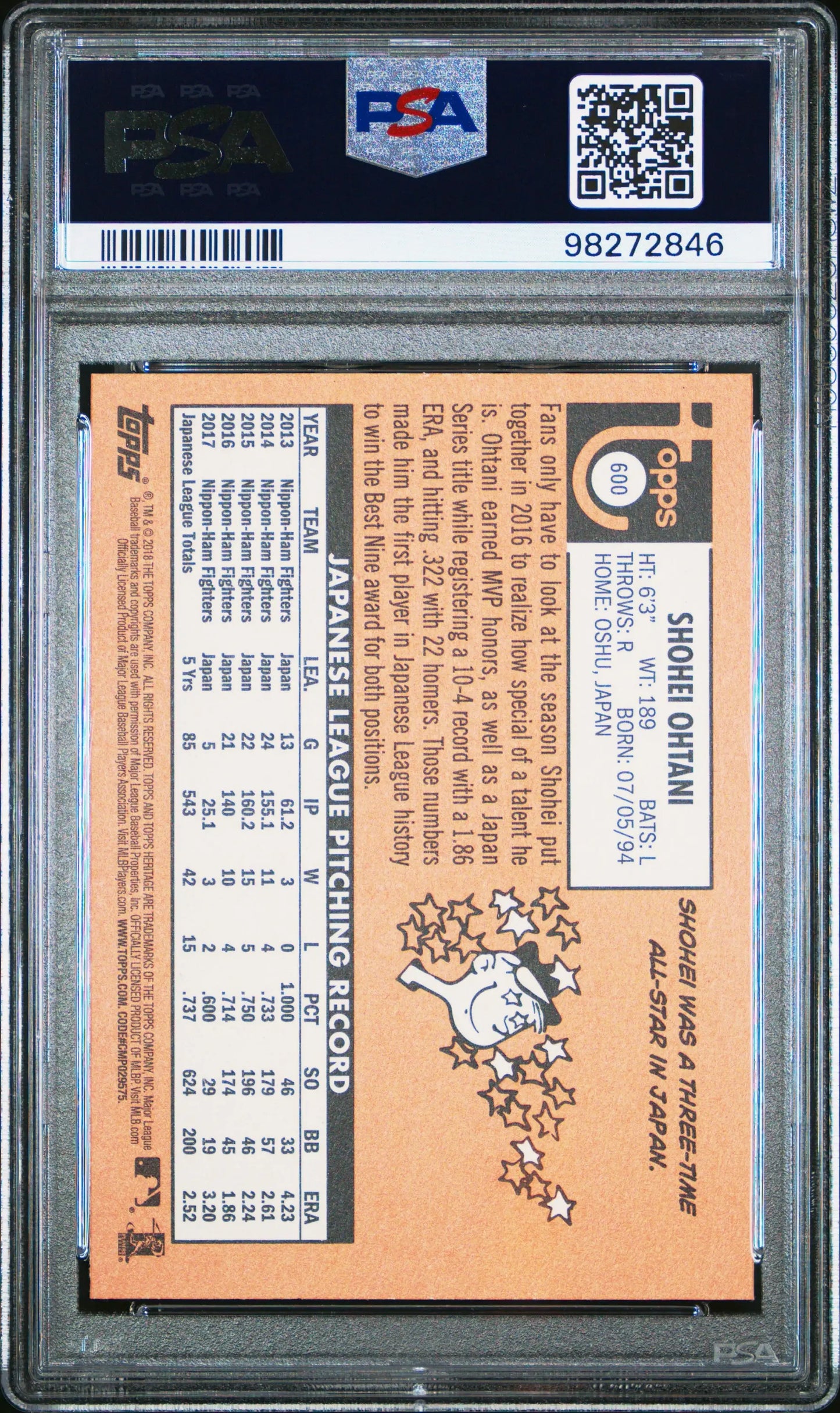 PSA-graded Shohei Ohtani 2018 Topps Heritage Rookie card with orange back artwork