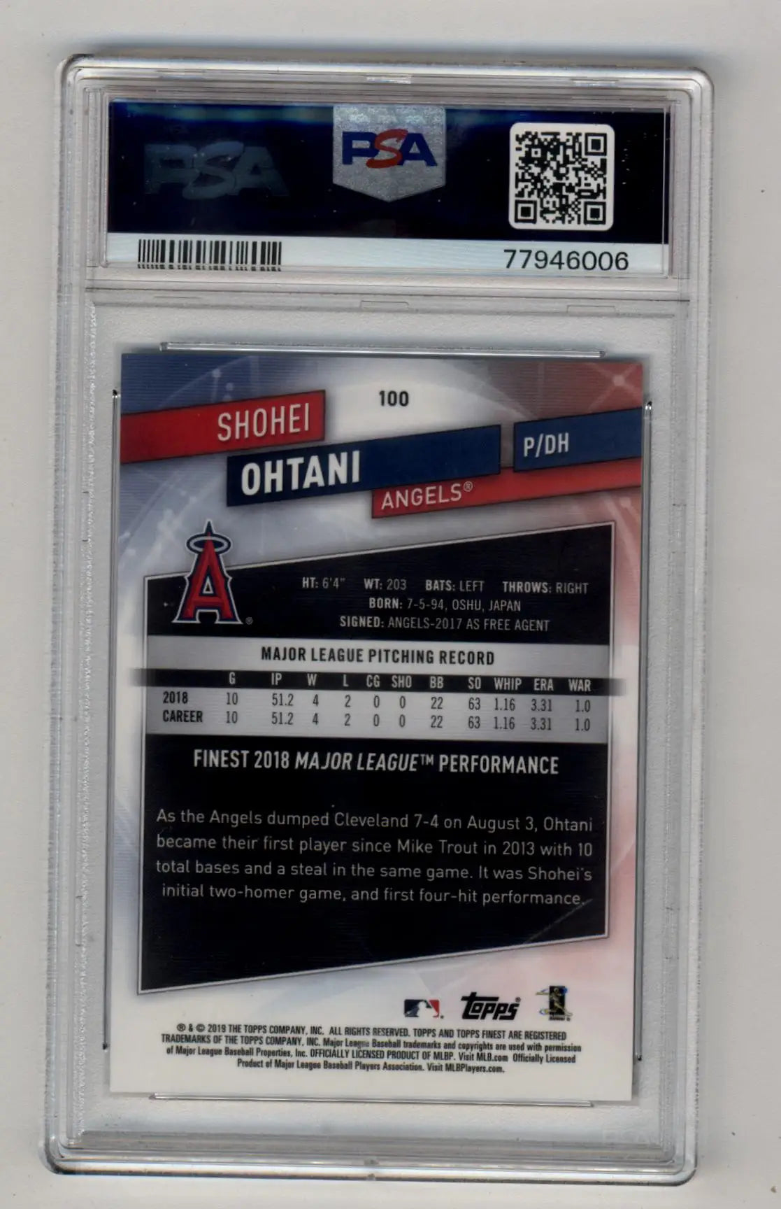 Shohei Ohtani baseball card in protective case featuring Finest Blue Refractor 064/150 PSA 10
