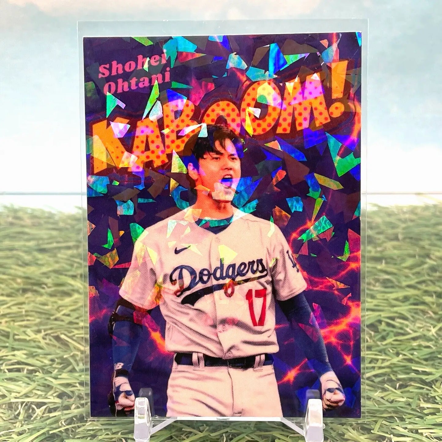 Baseball trading card of a Dodgers player in white uniform, KABOOM Cracked Ice design