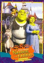 Movie poster for Shrek the Third on a Shrek the Third promo card featuring ogres and donkey