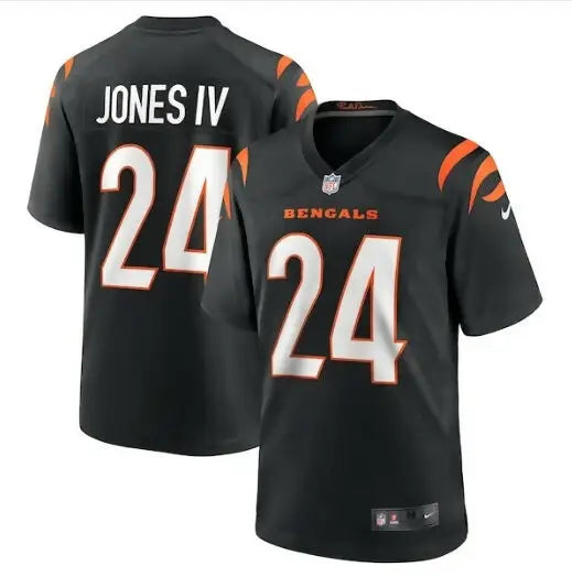 Black Cincinnati Bengals NFL jersey with JONES IV and number 24 displayed in white