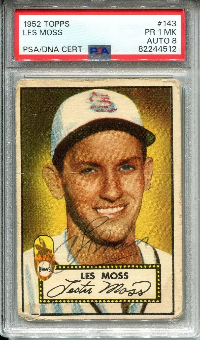 Graded 1952 Topps Les Moss baseball card signed for St Louis Browns trading cards