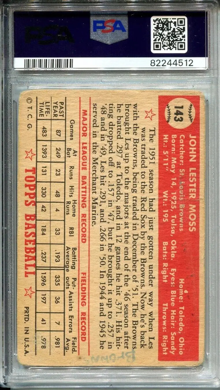 Graded Signed 1952 Topps Les Moss Trading Card St Louis Browns PSA 1 DNA 8 Auto