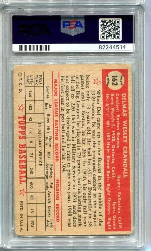 Graded Signed 1952 Topps #162 Del Crandall Gem Mint 10 Auto Trading Card Braves