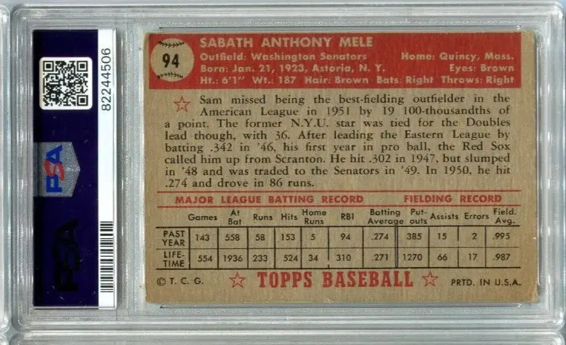 Signed 1952 Topps #94 Sam Mele Trading Card Washington Senators PSA 3 DNA 8 Auto