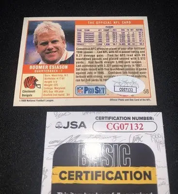 Signed Boomer Esiason football card from 1989 Pro Set featuring Cincinnati Bengals autograph