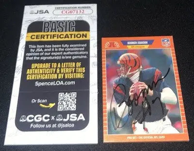 Autographed Boomer Esiason football card from Pro Set with JSA certification featuring Cincinnati Bengals