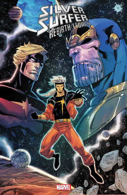 Comic book cover of Silver Surfer and Thanos by Ron Lim in cosmic setting