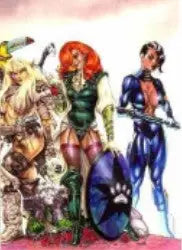 Colorful illustration of female superheroes on Sirius Gallery unnumbered promo card